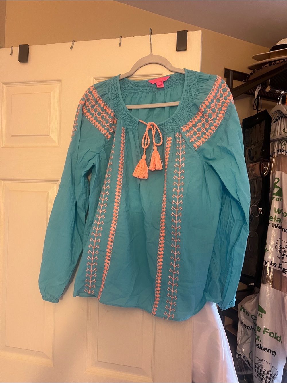 Lilly Pulitzer Embroidered Tassel Peasant Top - Turquoise with Coral Accents